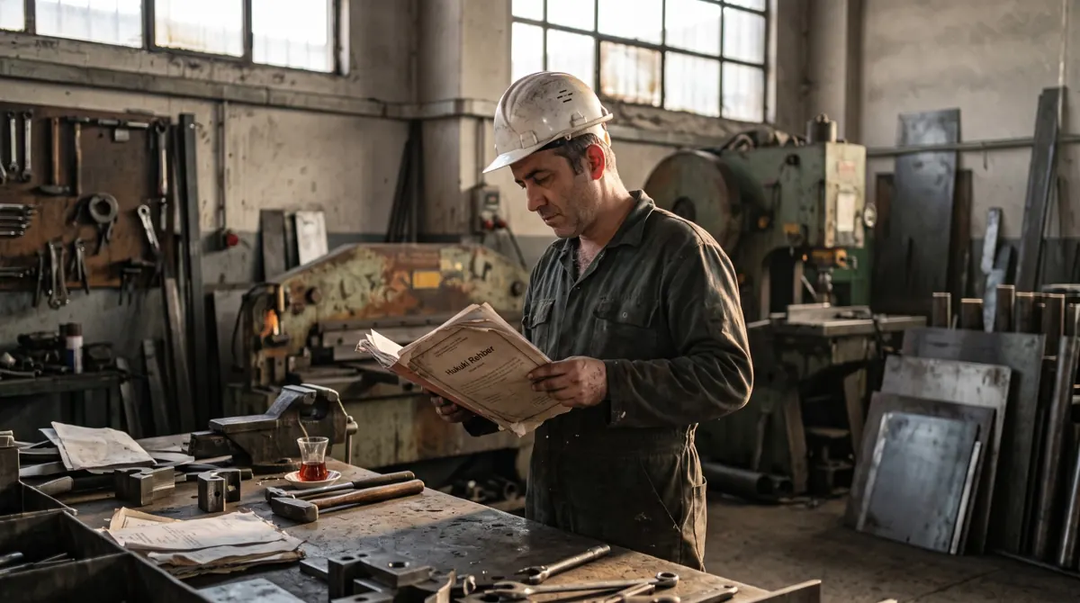 Metal işleme atölyesinde baretli bir işçi, elinde hukuki rehber dosyası