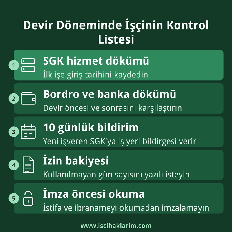 İş yerinin devri döneminde işçinin kontrol listesi: SGK dökümü, bordro, izin bakiyesi