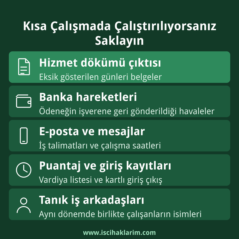 Kısa çalışmada çalıştırılan işçinin saklaması gereken belgeler