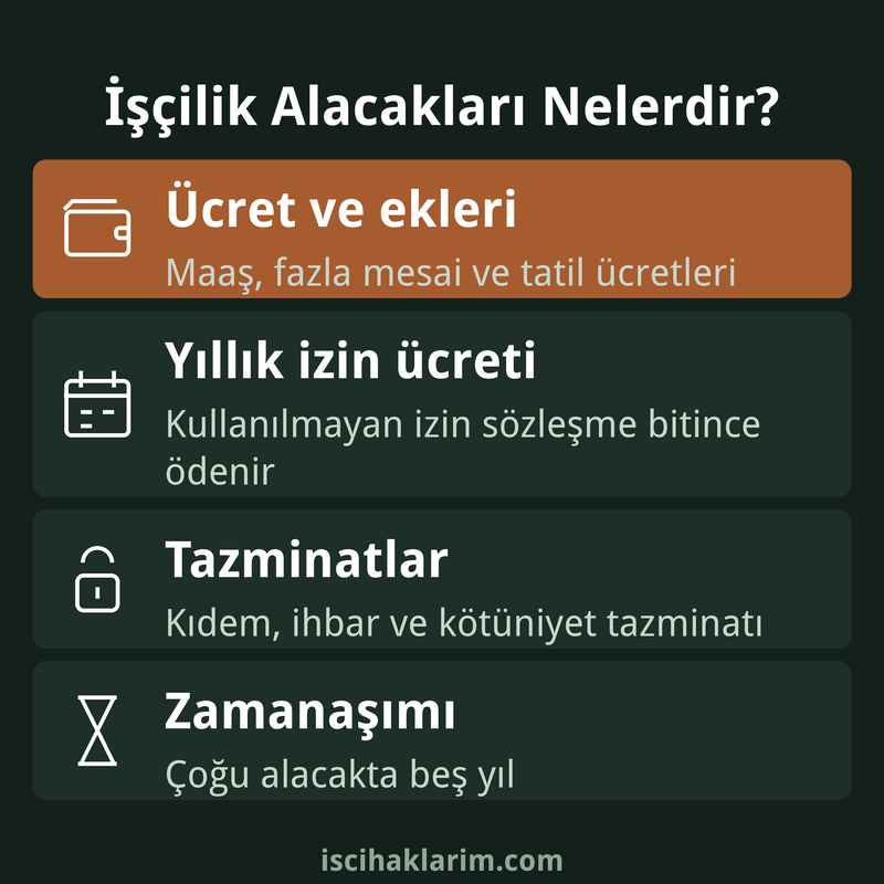 İşçilik alacakları türleri infografiği