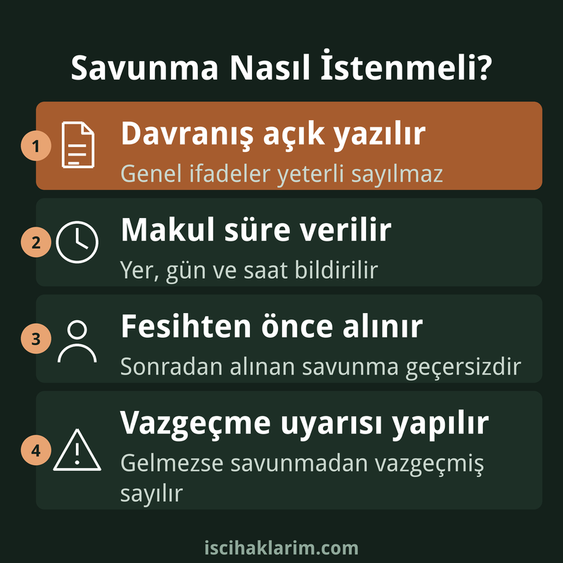 İşçinin savunmasının alınması için dört kural infografiği